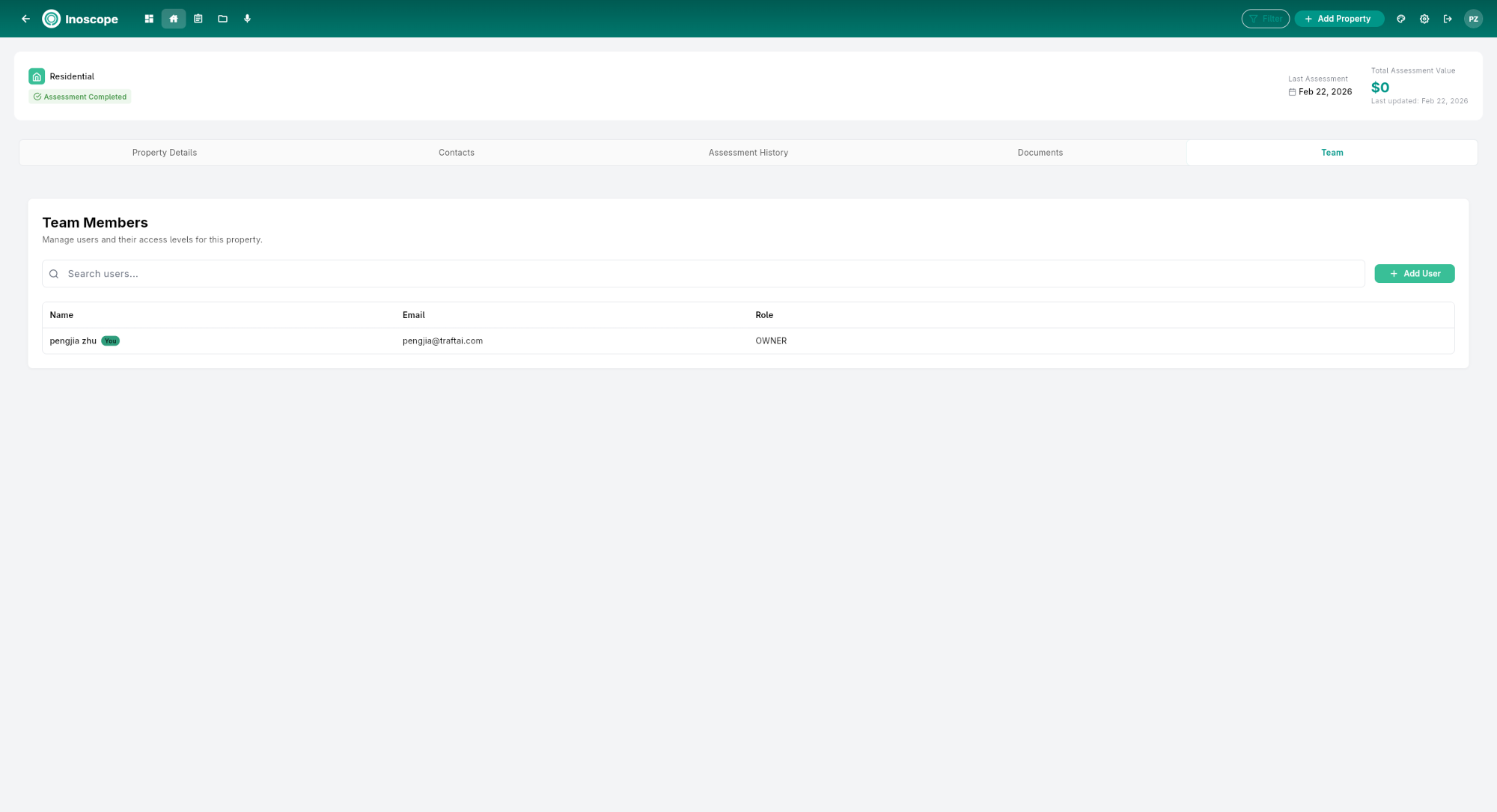Property detail — Team tab