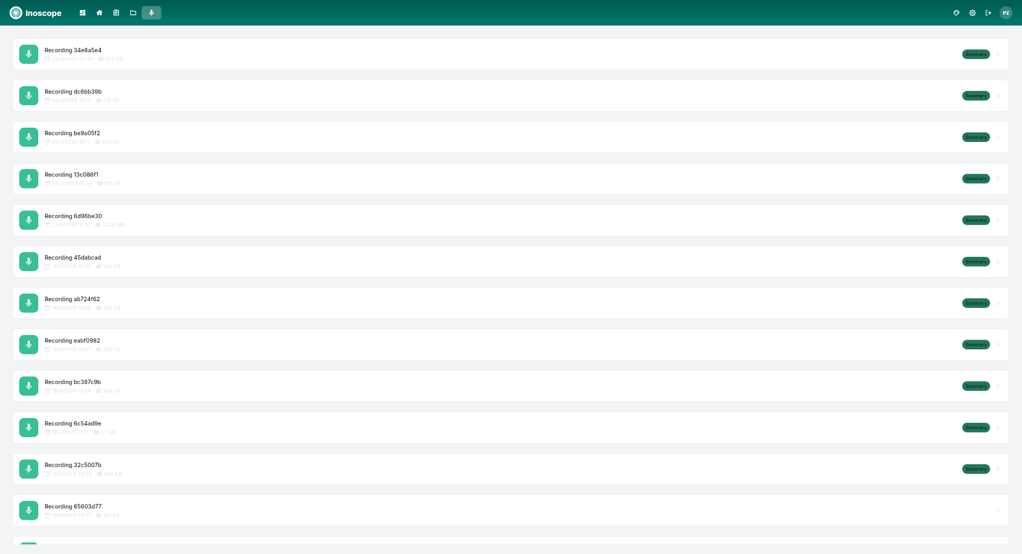 Records page — voice recording list