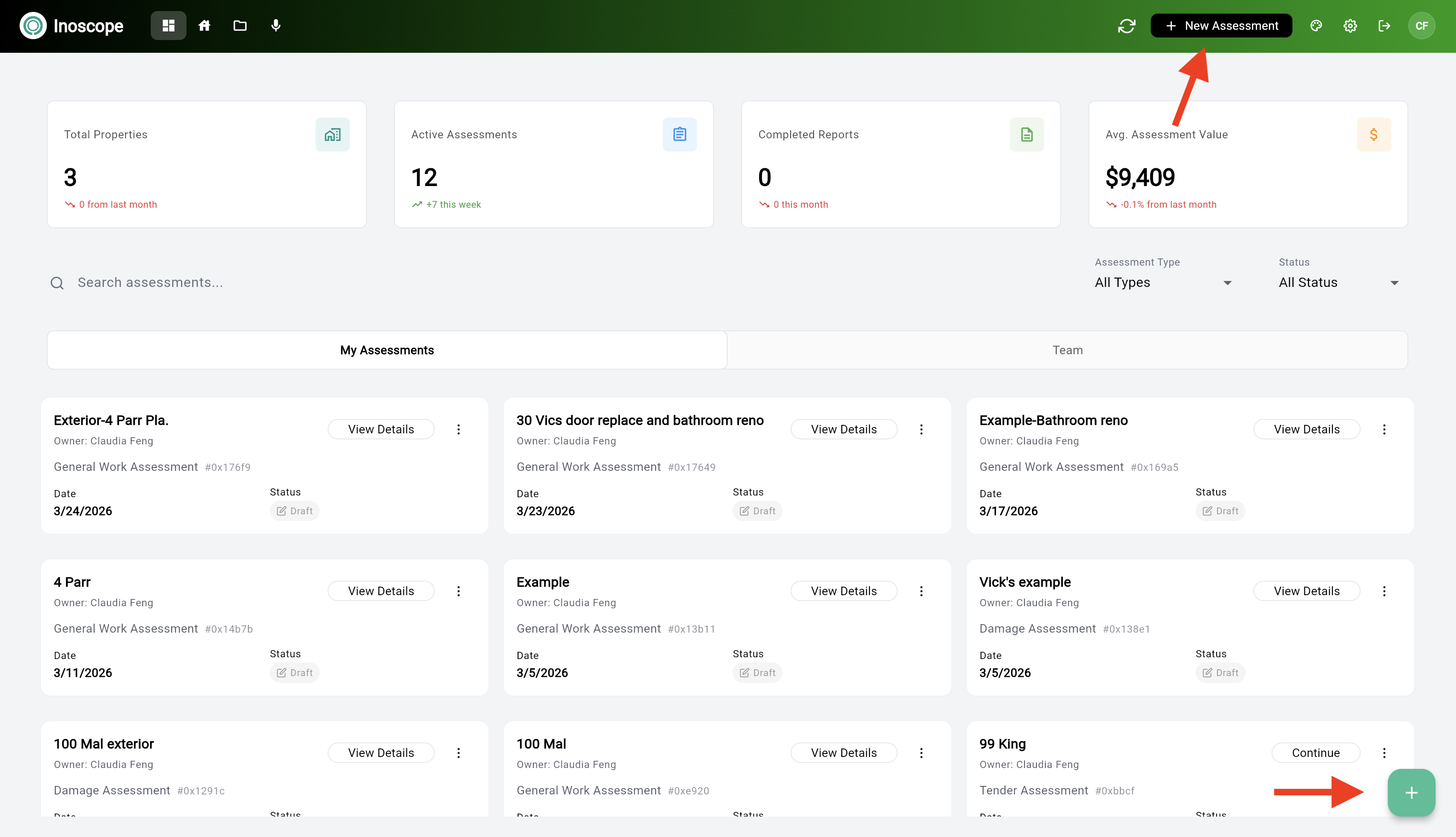 Dashboard — + New Assessment button highlighted in the top-right header