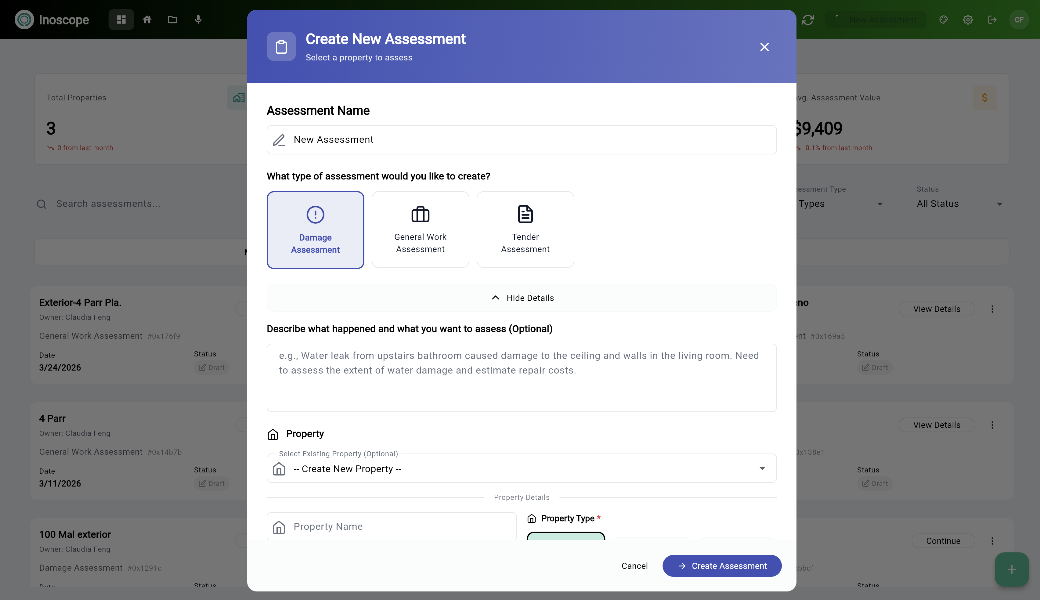 Create New Assessment dialog — select type and name