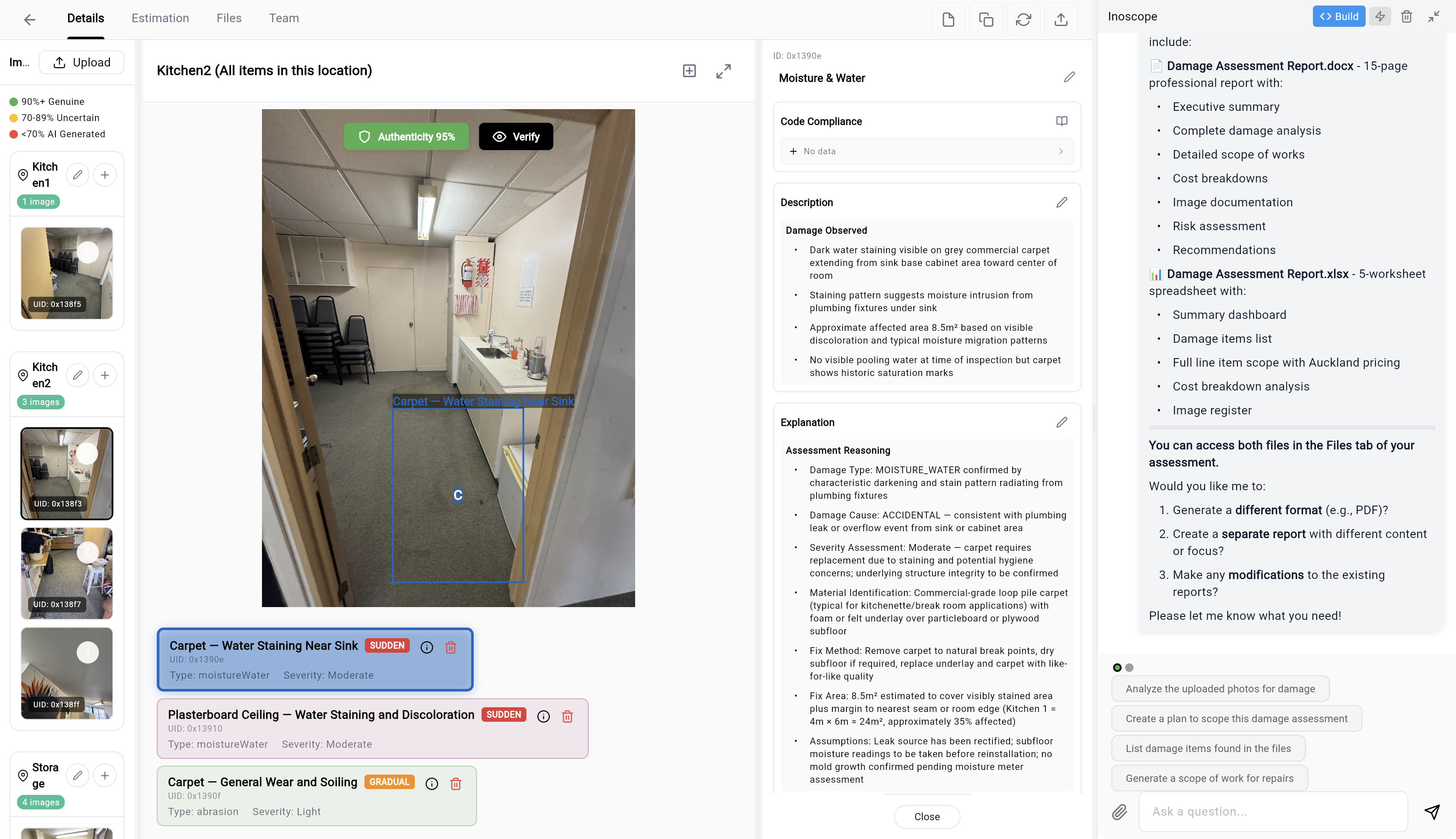 AI chat panel showing completed report summary with contents list and follow-up options