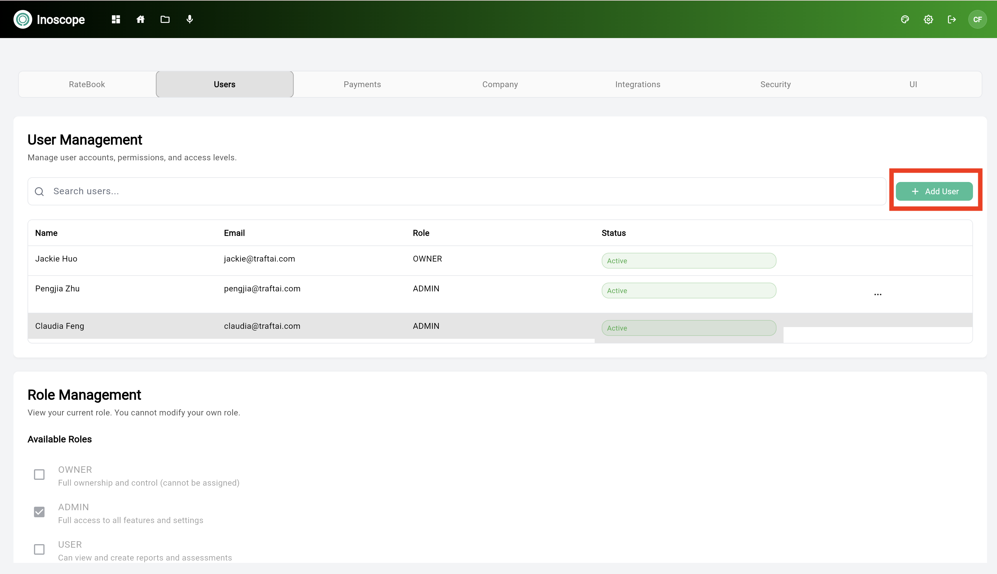 Settings — Users tab showing user list and Role Management section