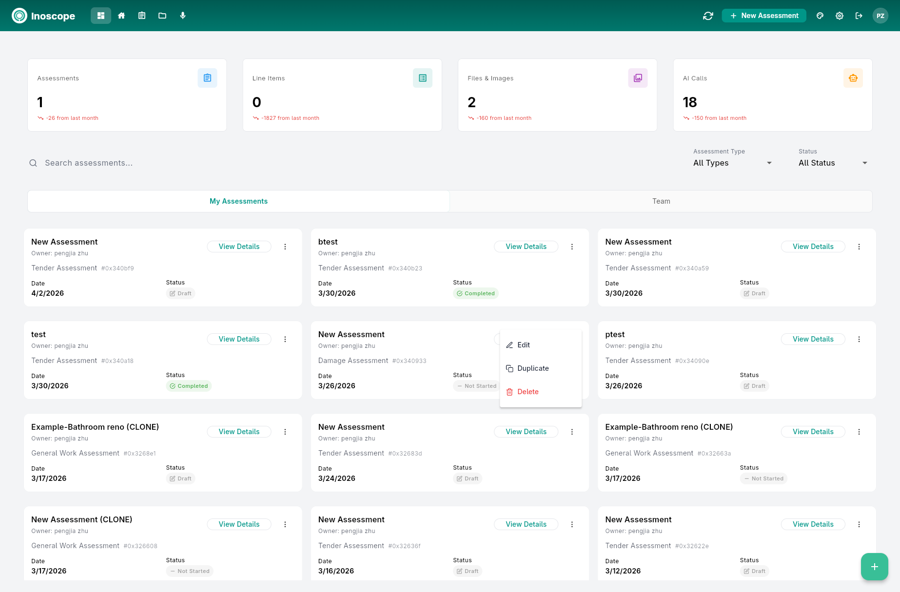 Assessment card — ⋮ menu open showing Edit, Duplicate, and Delete options