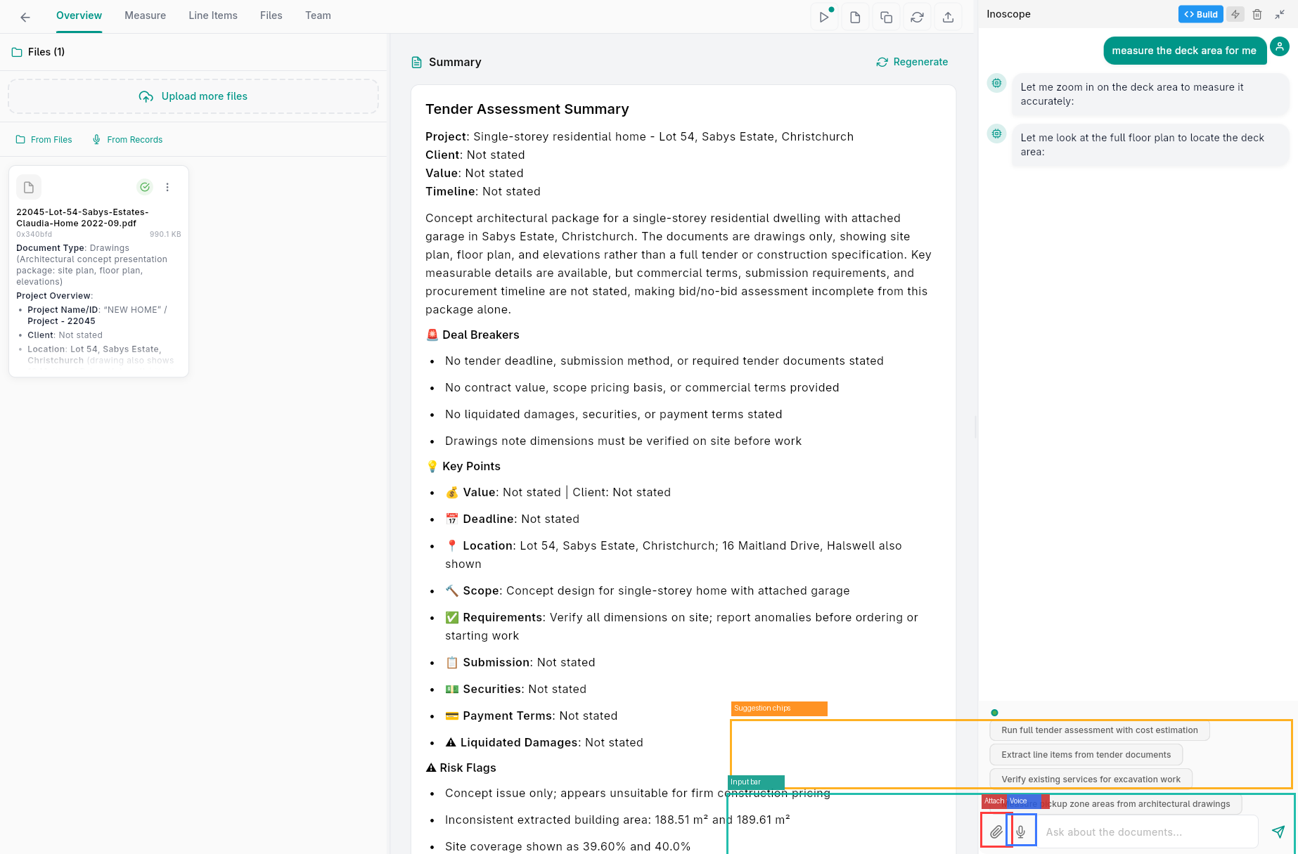 Chat agent panel open in a Tender assessment showing a completed response with structured line item extraction results and follow-up suggestion chips