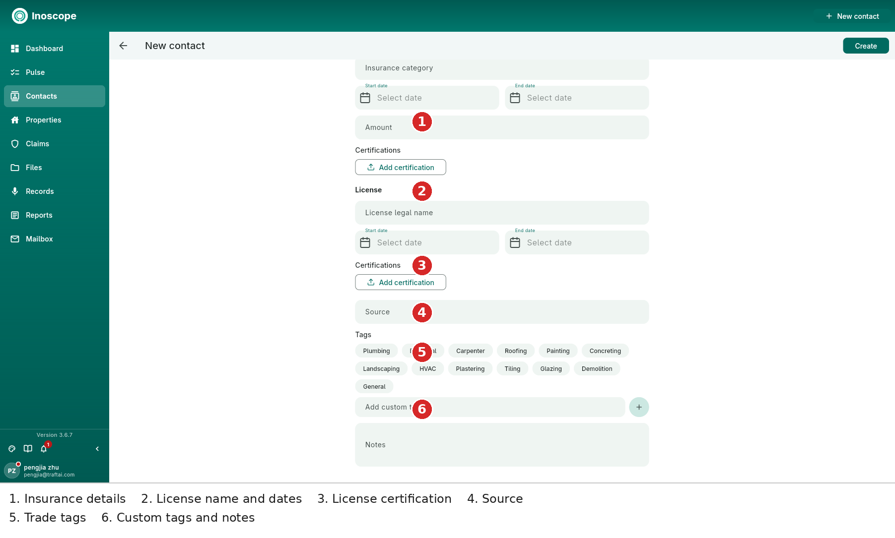 Add contact — licence source, trade tags, custom tag and notes fields