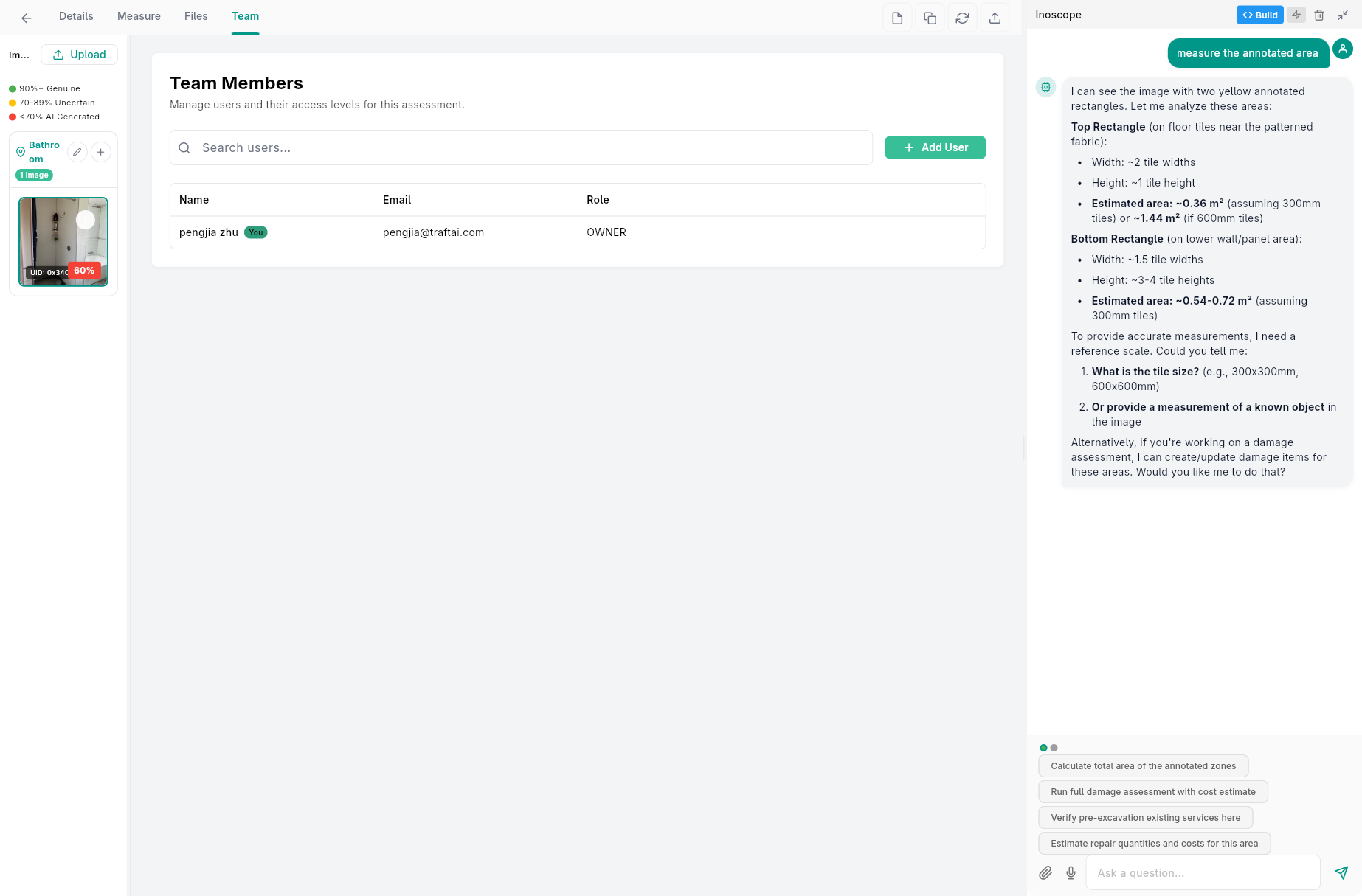 Assessment Team tab — team members list with roles