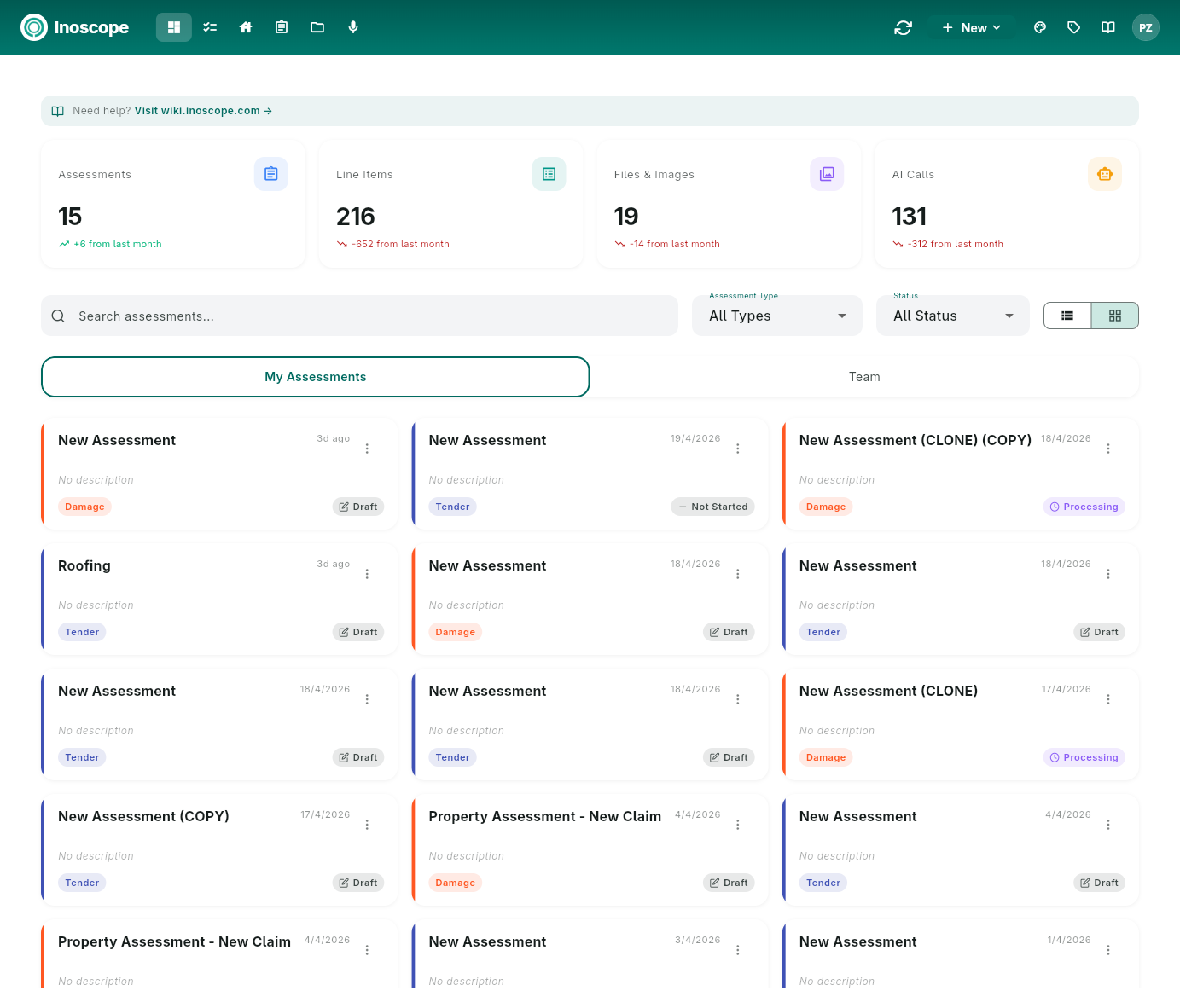 Dashboard overview — assessment grid with stats row, search, filters, and the top navigation bar