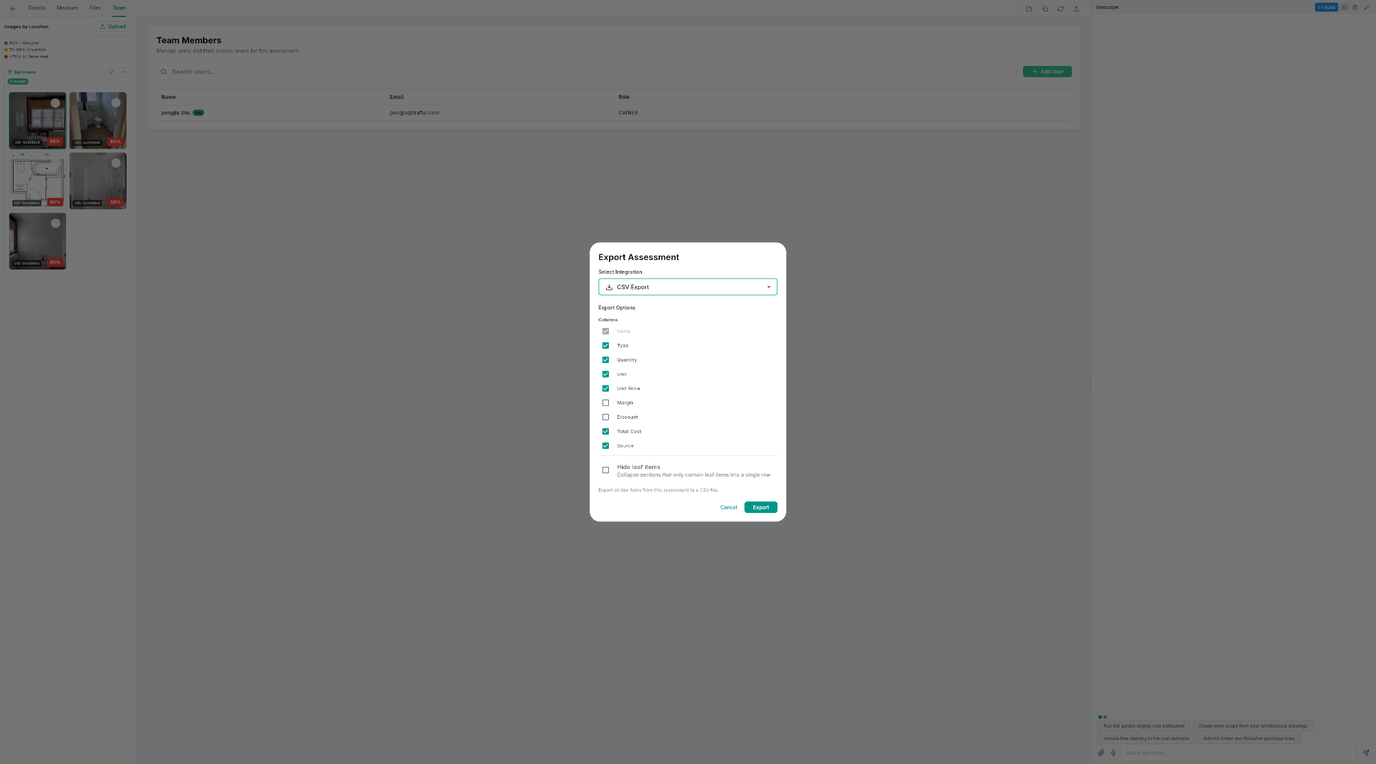 CSV Export options — column checkboxes with Name always enabled and Hide leaf items toggle