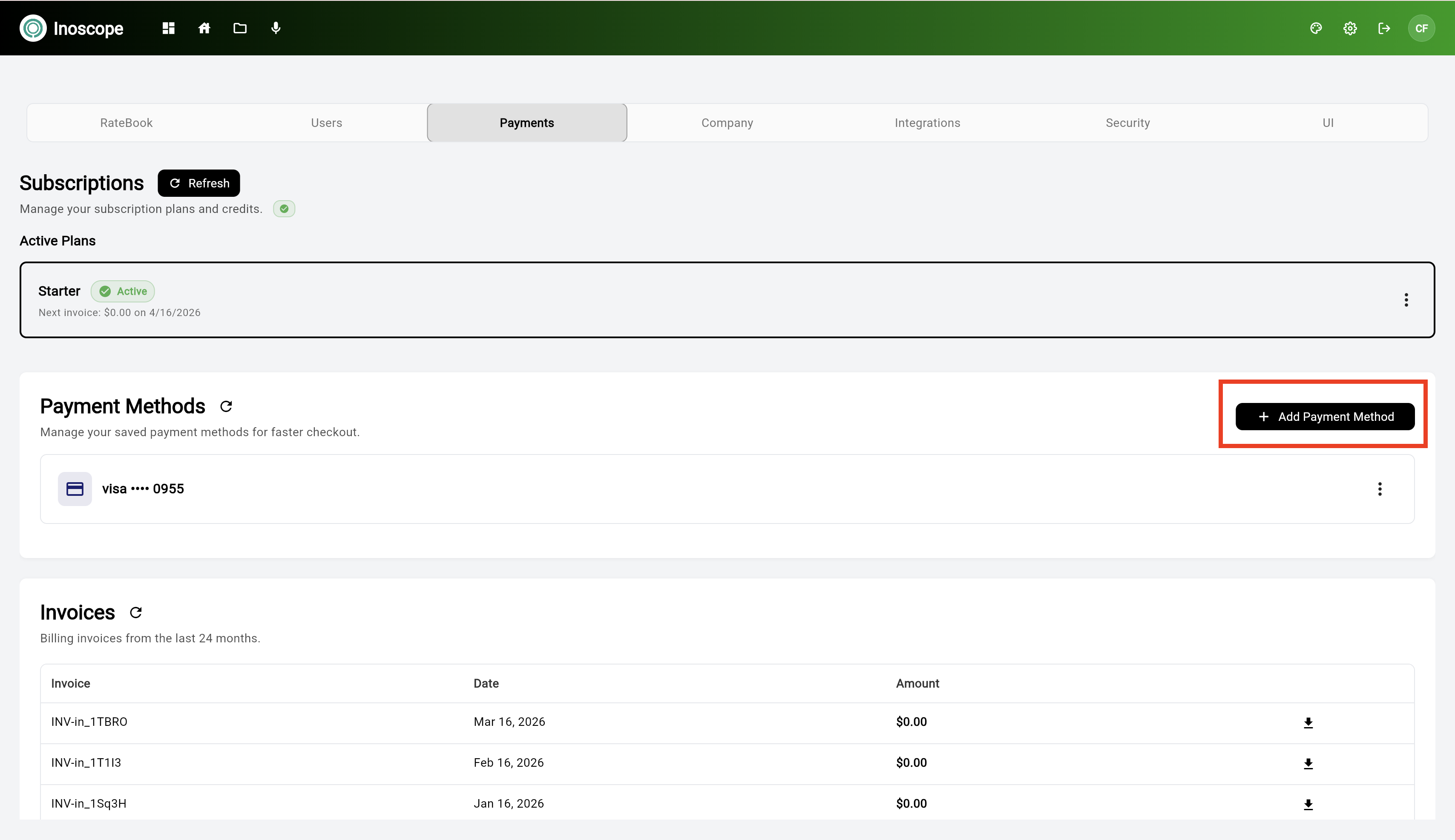 Settings — Payments tab with Add Payment Method button highlighted