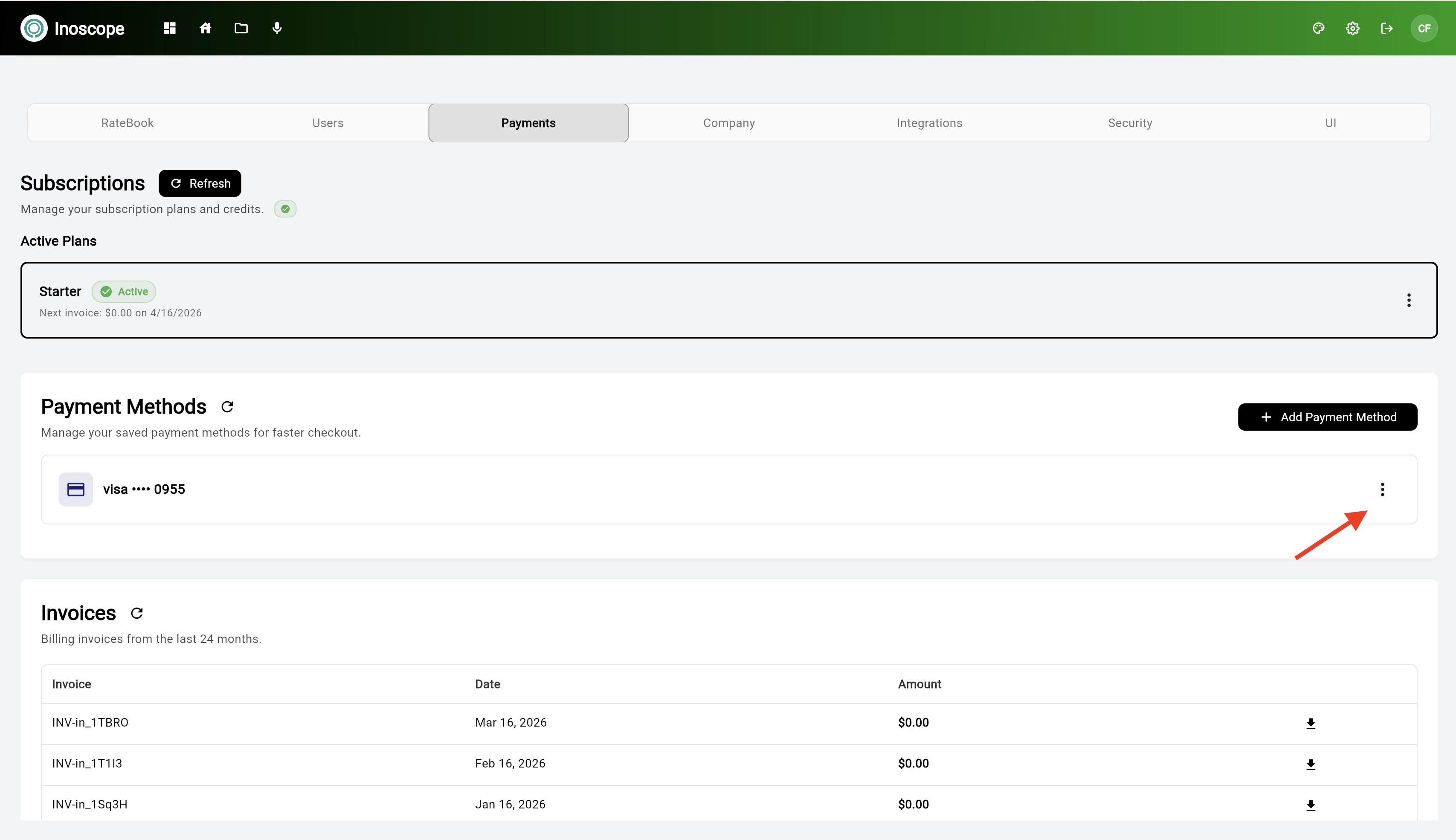 Payment method row — click ⋯ to open options