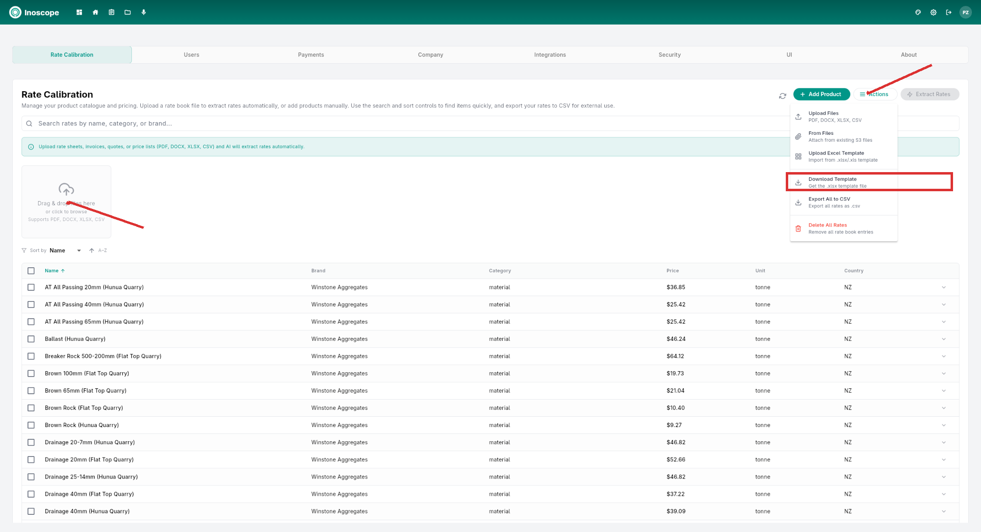 Settings — Rate Calibration import options (Know Files, Upload Excel Template, Download Template)