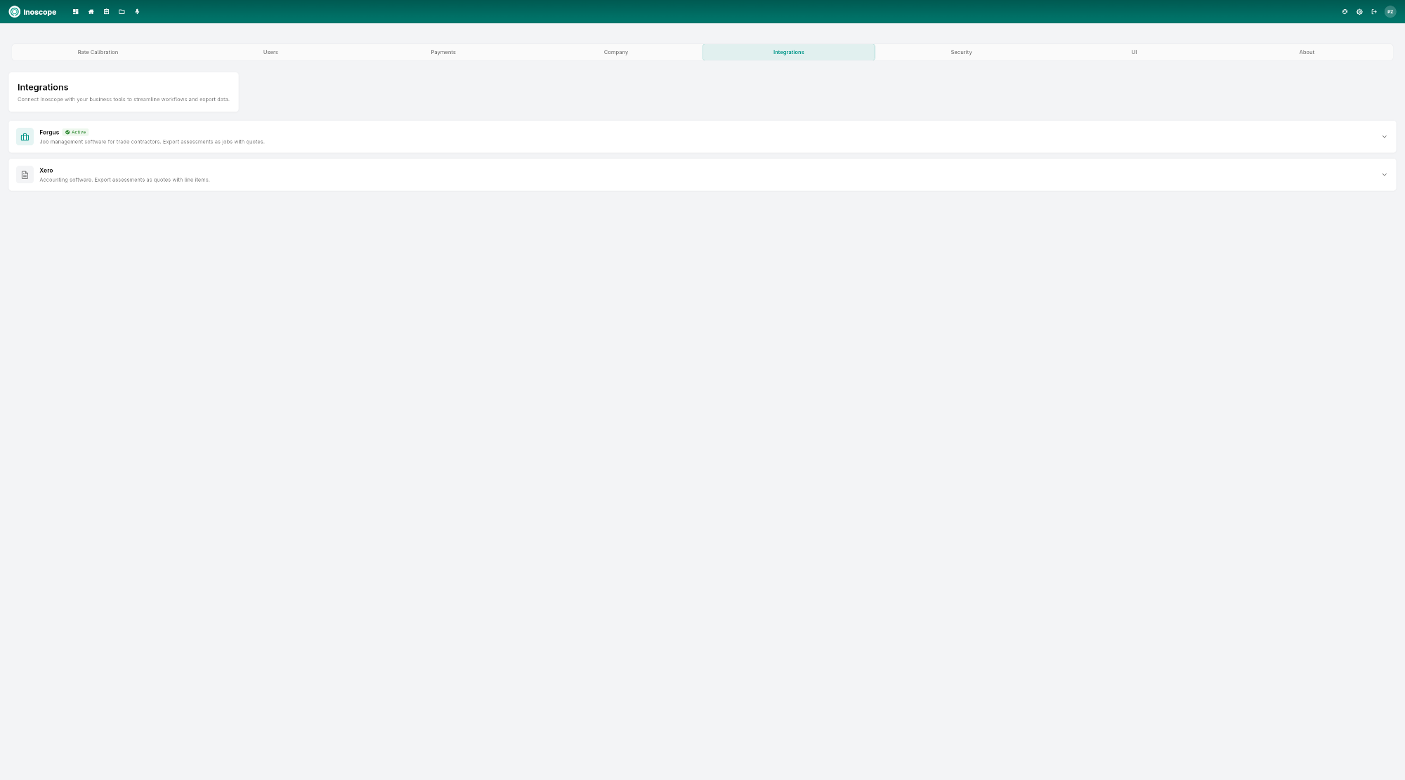 Settings — Integrations tab showing Fergus (Active) and Xero
