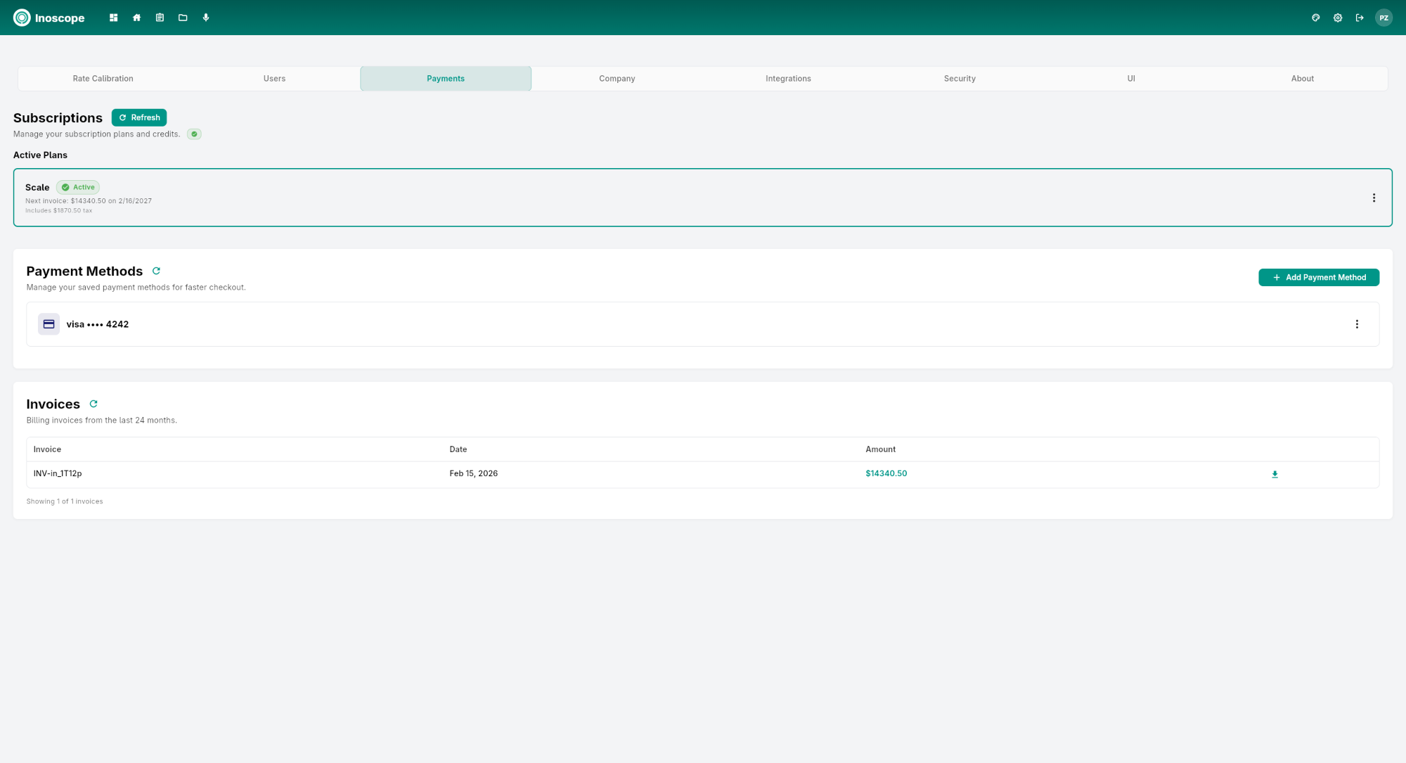 Settings — Payments tab