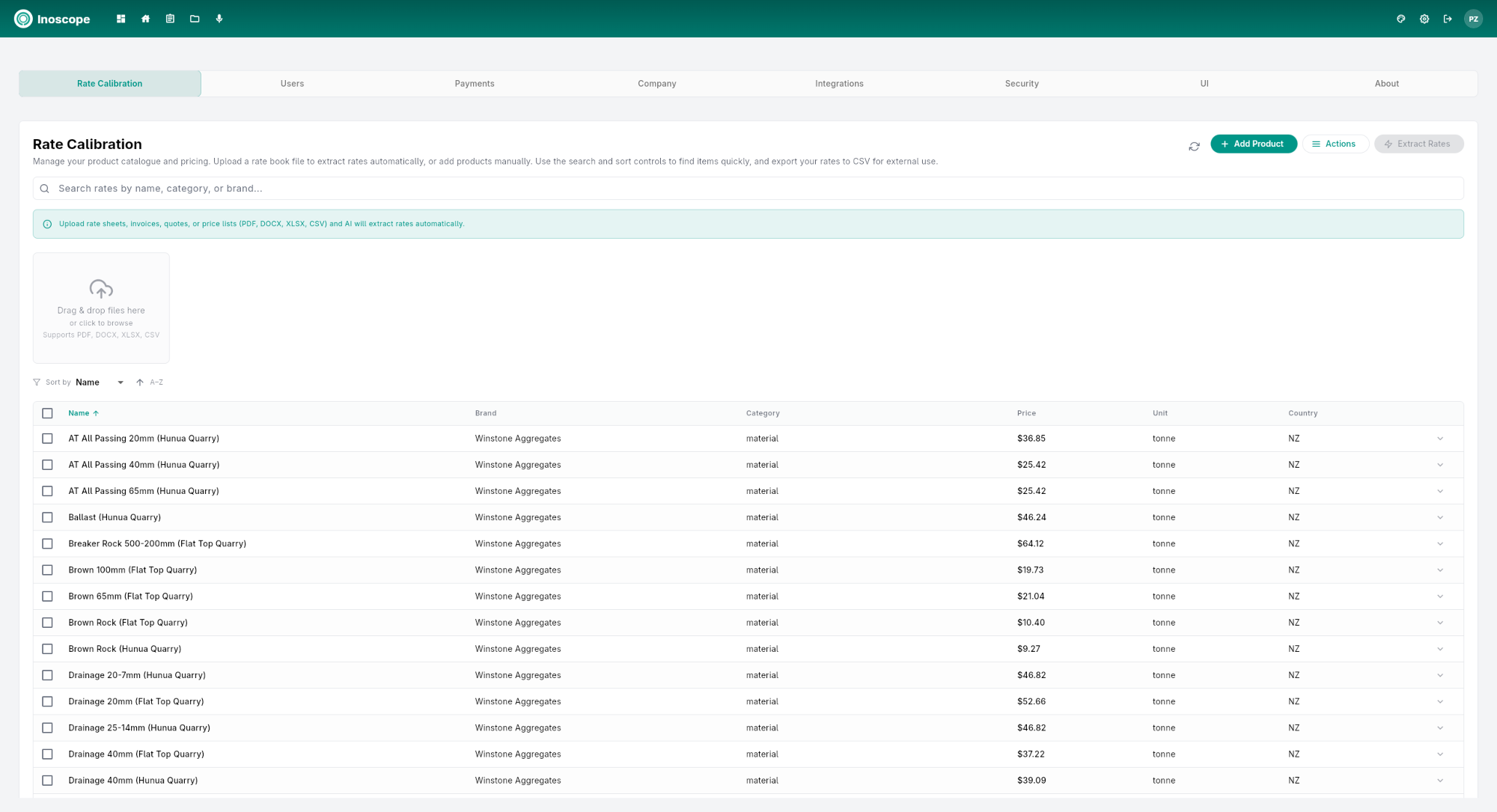 Settings — Rate Calibration tab with products loaded