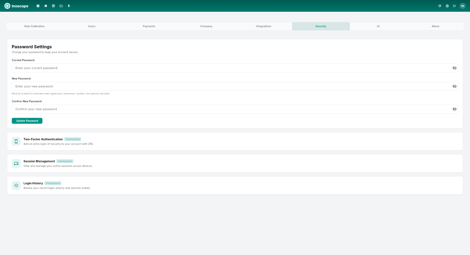 Settings — Security tab