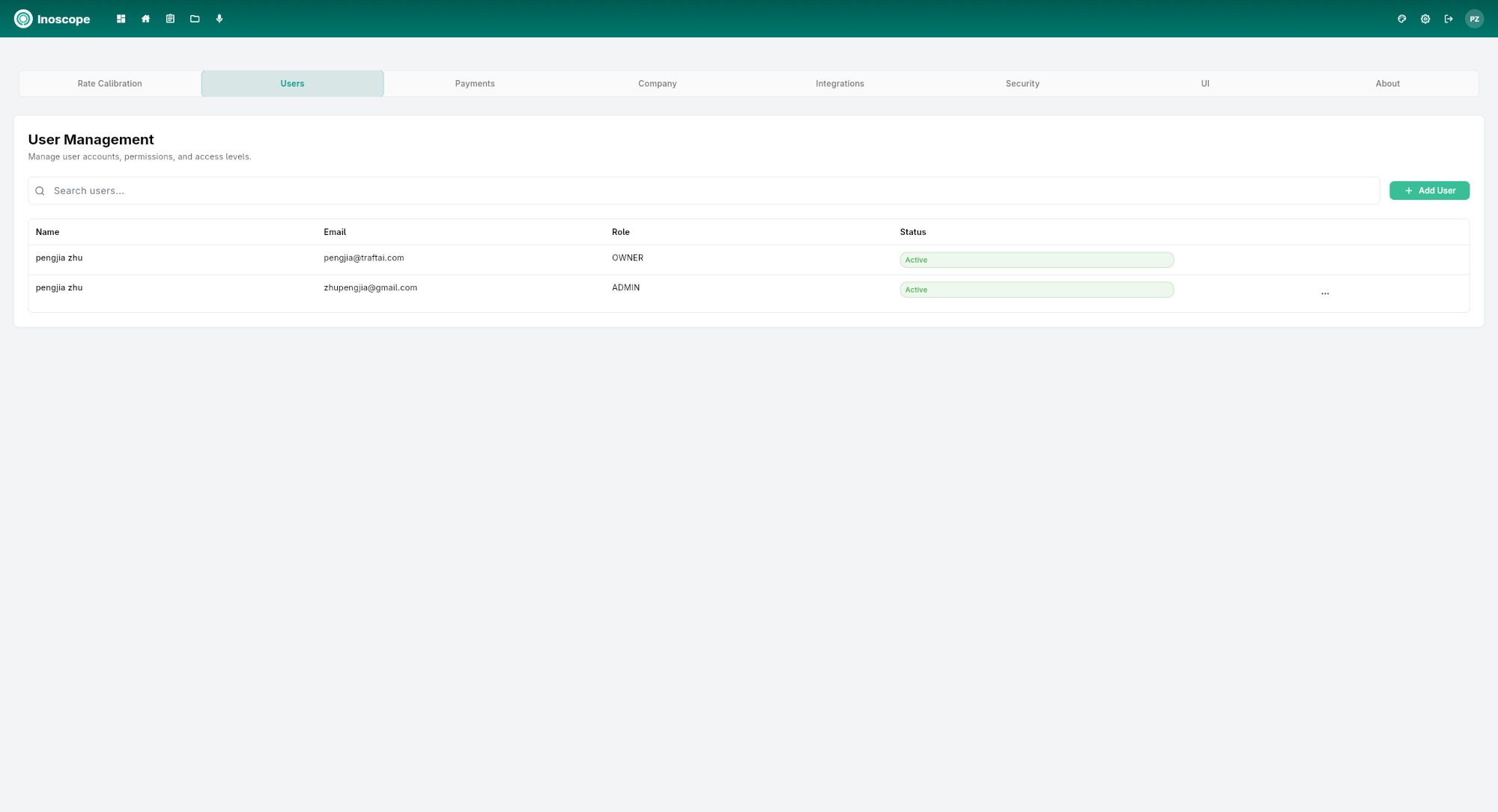 Settings — Users tab