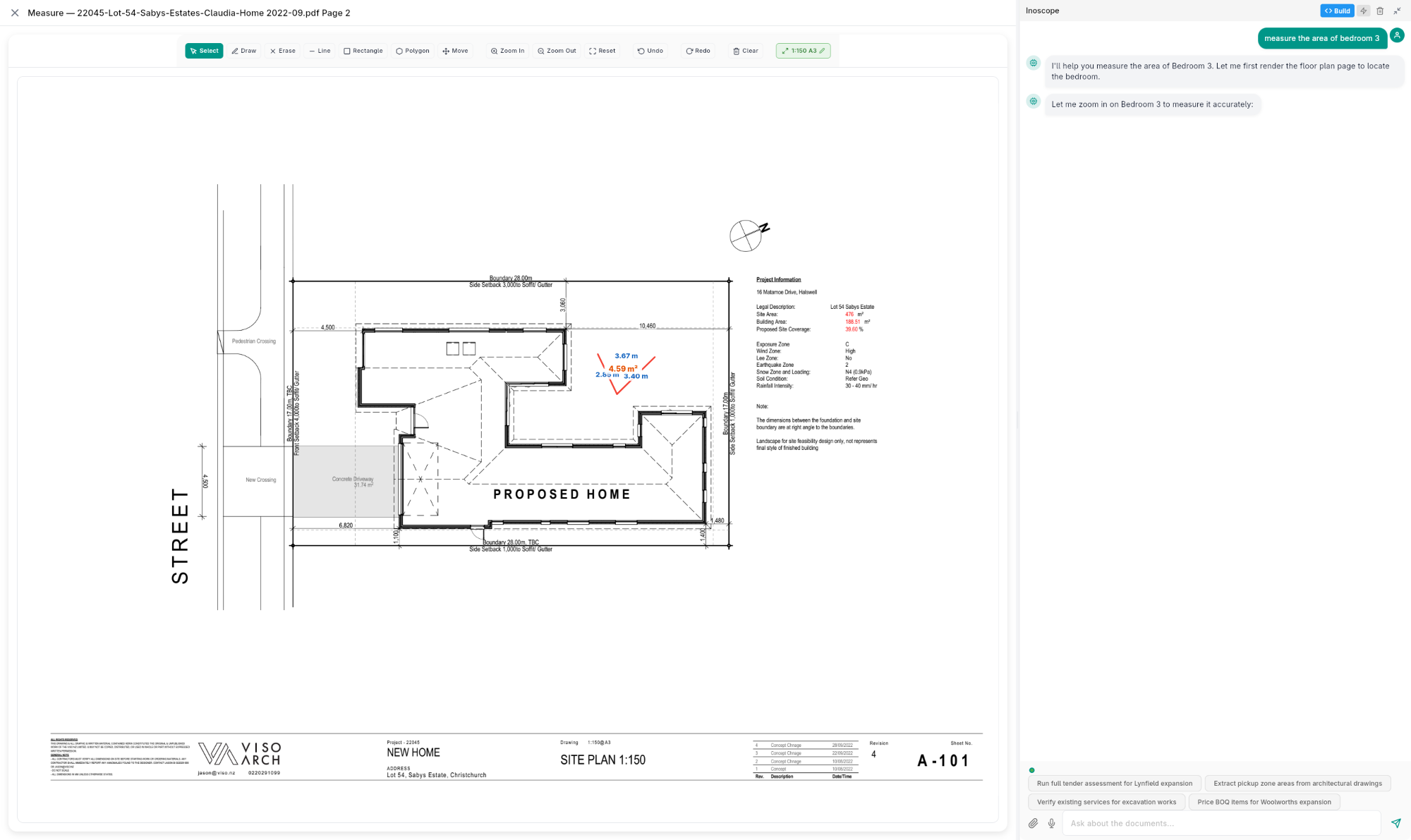 Tender assessment — Measurement overlay showing drawing toolbar, polygon annotation with computed dimensions on the site plan drawing, and AI chat response on the right