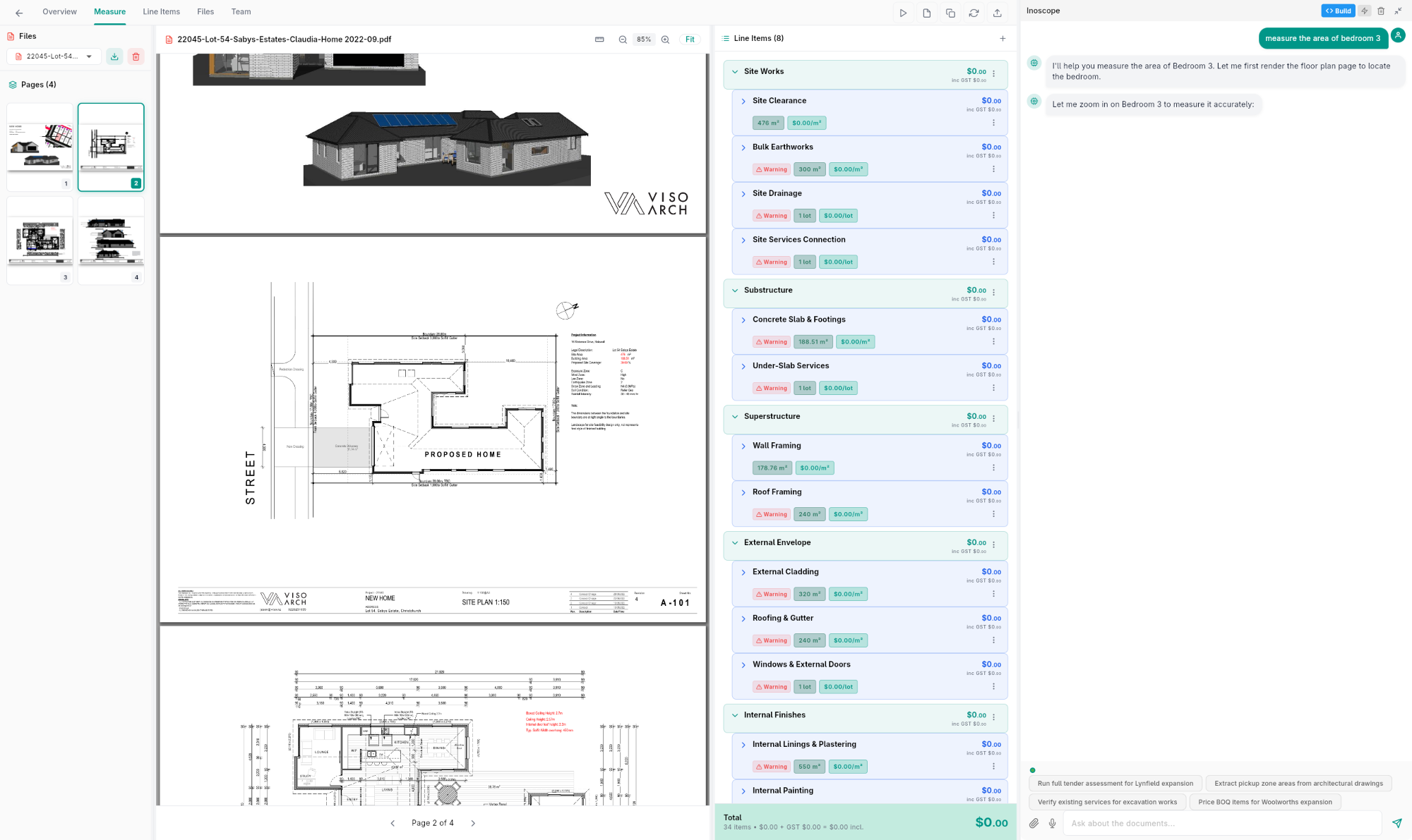 Tender assessment — Measure tab showing three-panel layout: page navigator on the left, document viewer in the center, line items on the right