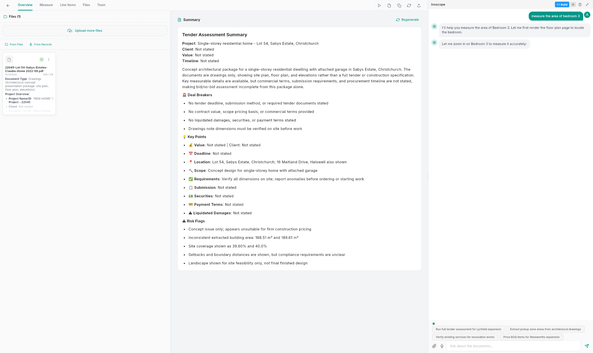 Tender assessment — Overview tab showing uploaded documents on the left and AI-generated project summary on the right