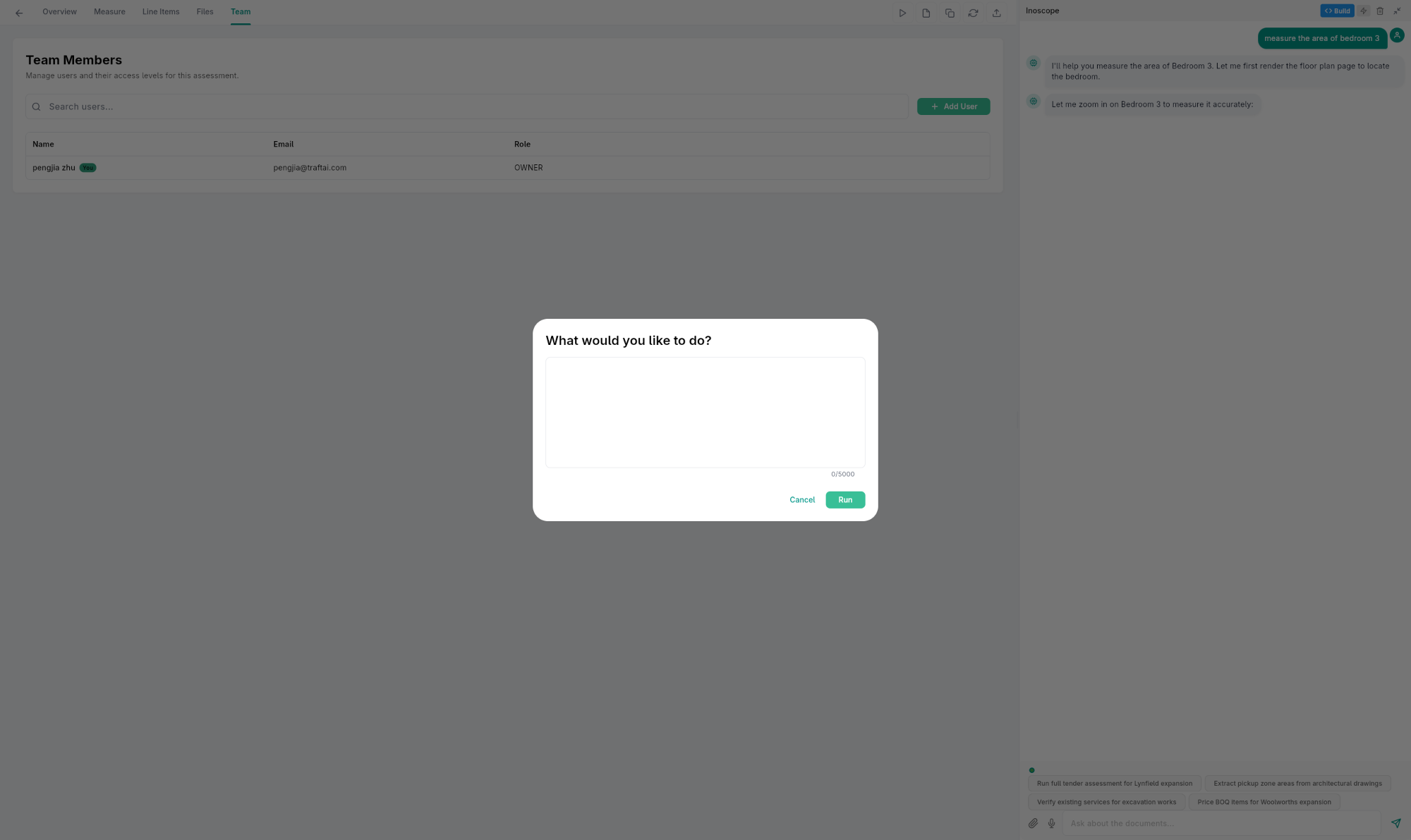 Tender assessment — Run scope generation dialog with free-text instruction field and Run button